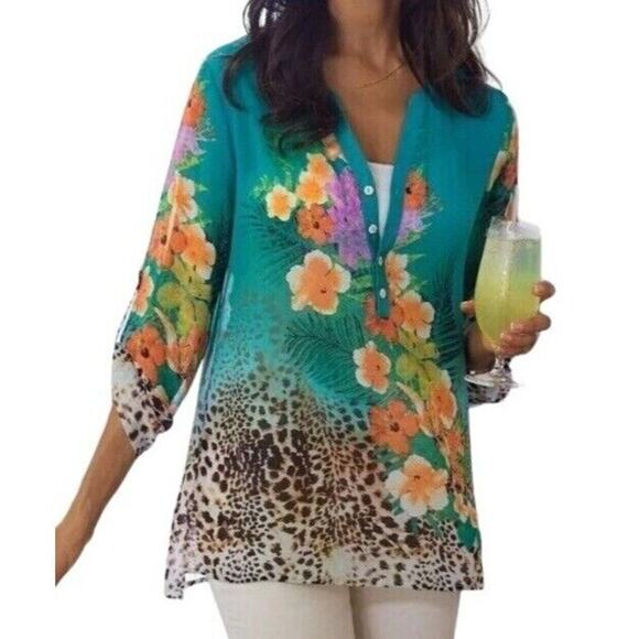 Soft Surroundings Tunic Top Women M Green Floral Sheer Blouse Resort Tropical - Picture 2 of 13